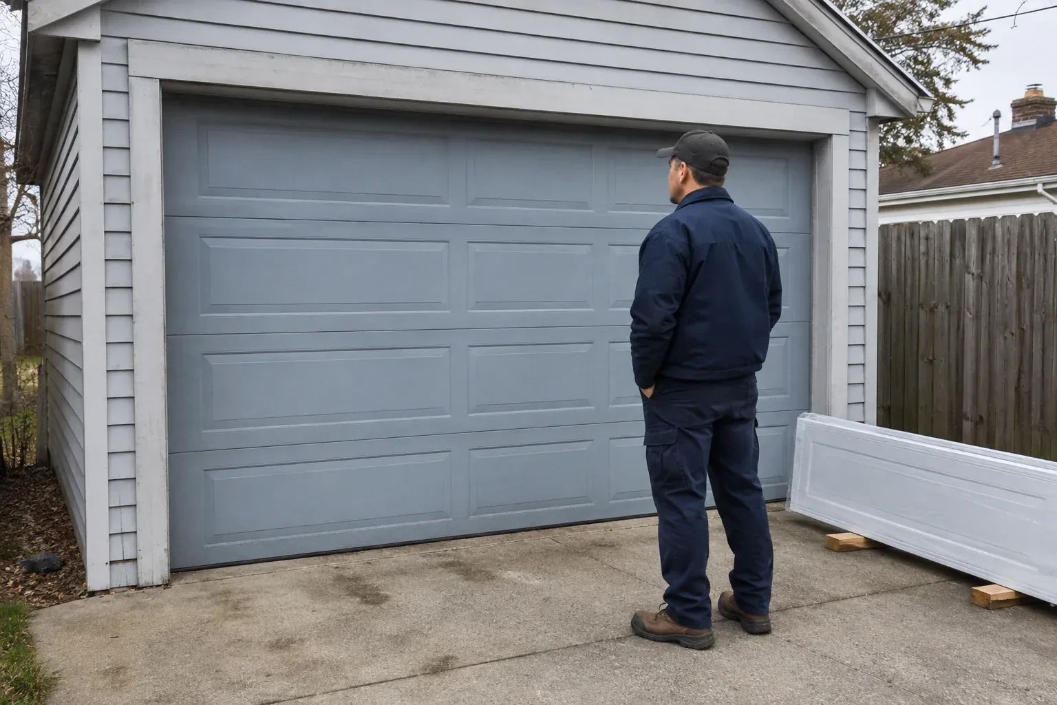 A person examines a blue-grey sectional garage door with a packaged door panel resting beside the driveway. — Sectional Garage Door Replacement, Haldimand County