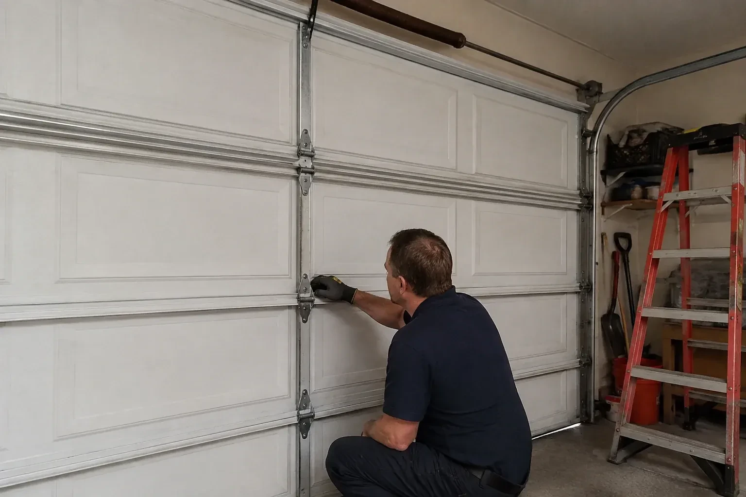 A person examines a central hinge joining two sections of a closed garage door. — Garage Door Hinge Replacement, Haldimand County