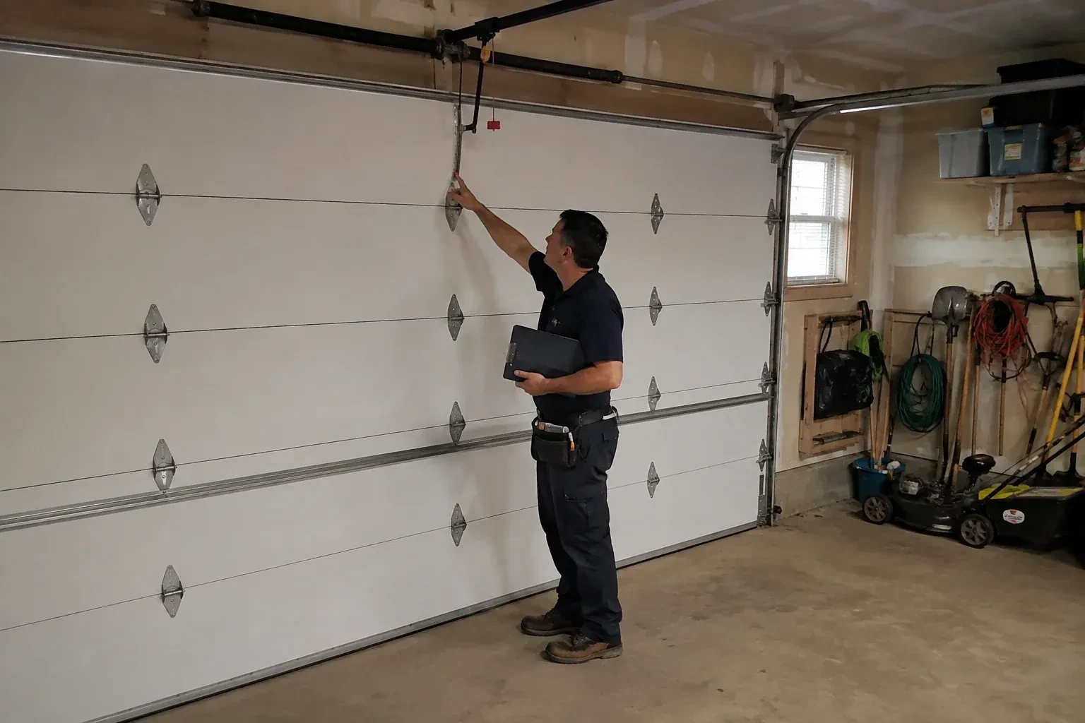 A person holding a clipboard examines the interior hardware of a closed garage door. — Garage Door Tune-Up, Haldimand County