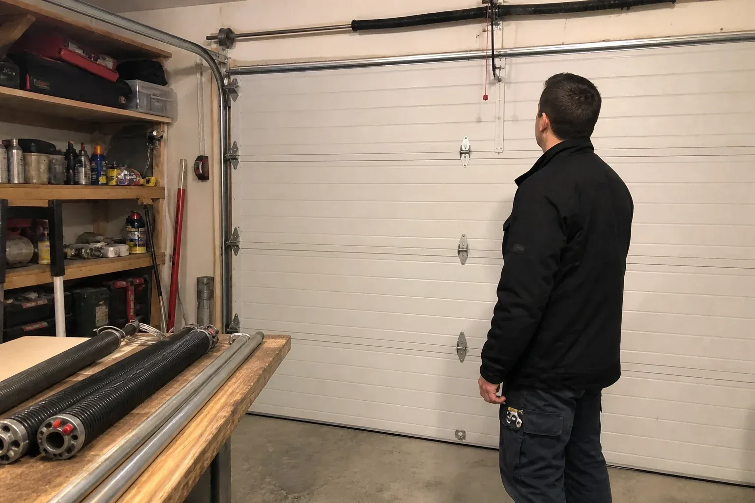 Person in a jacket facing a closed white sectional door, with coiled springs and steel tubes on a wooden bench. — Extension Spring Replacement, Haldimand County