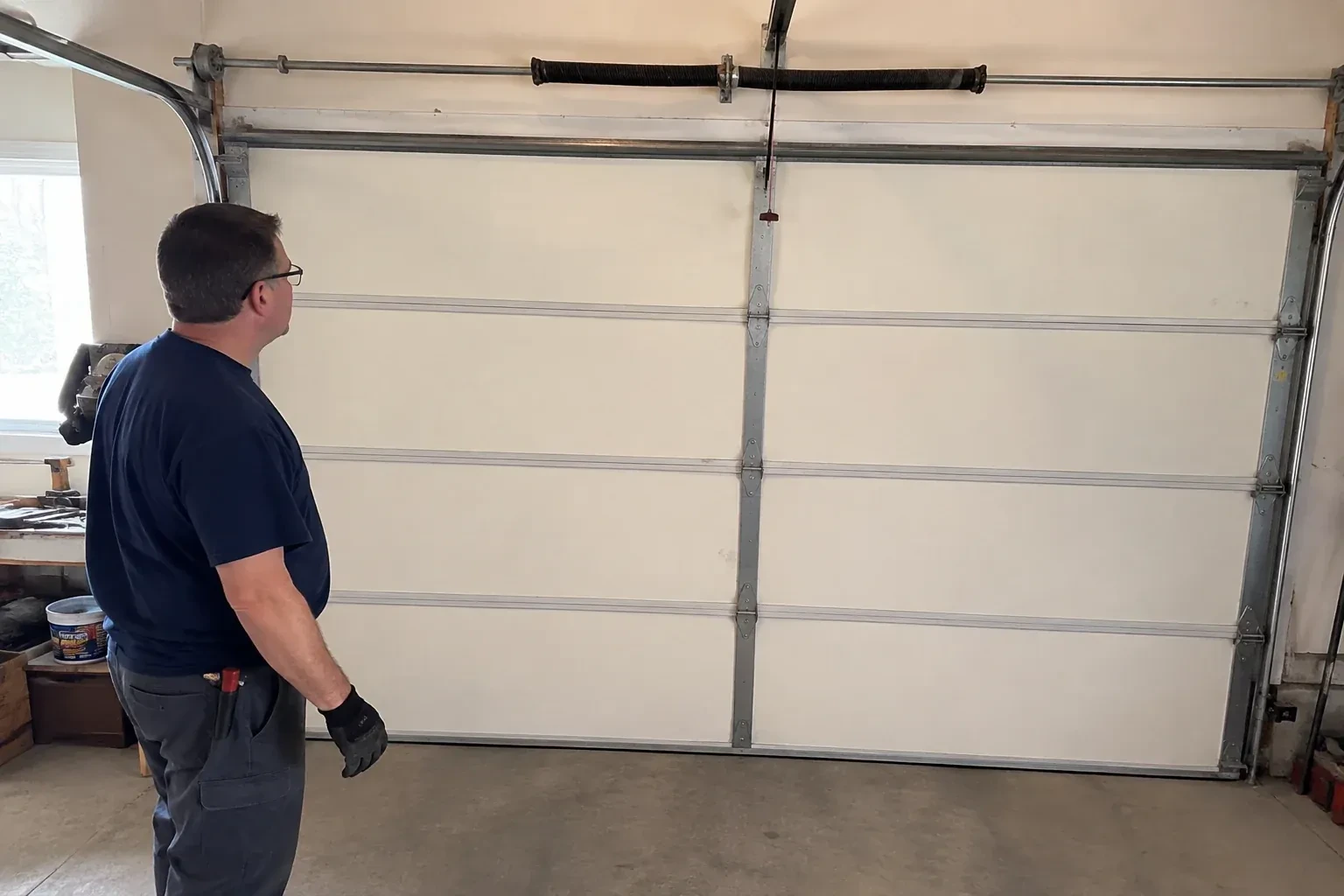 Person in a dark shirt standing before a closed cream sectional door, looking up at a coiled spring and red-tipped cord. — Off-Track Garage Door Reset, Haldimand County