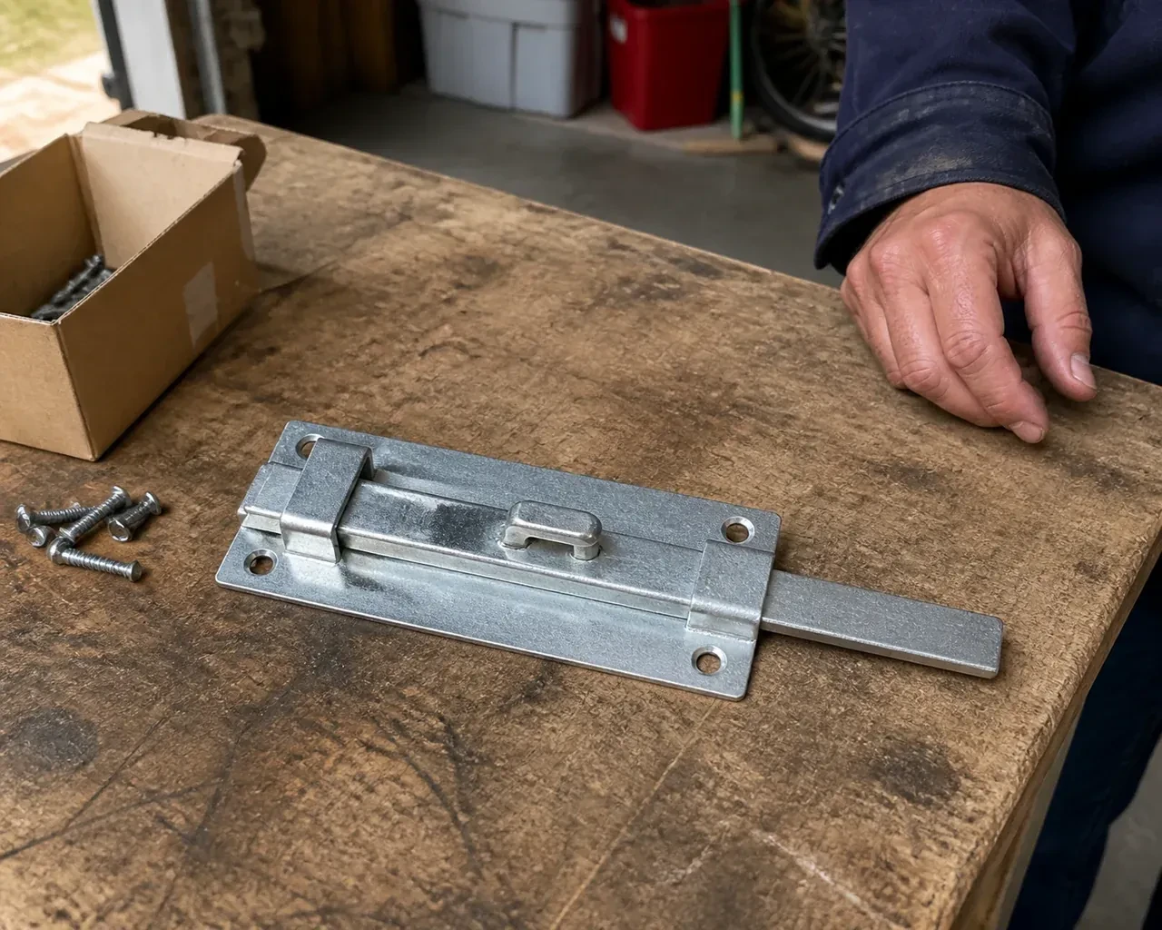 A detached metal slide bolt with mounting holes and retaining guides rests beside screws on a workbench. — Garage Door Manual Lock Repair, Featherstone