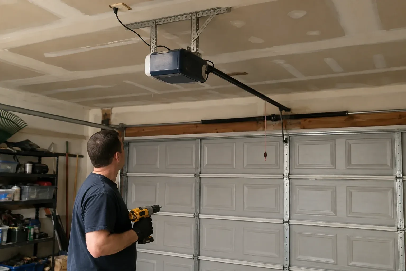 Person holding a yellow drill and looking up at a blue and white opener above a gray paneled garage door. — Chain-Drive Opener Repair, Haldimand County