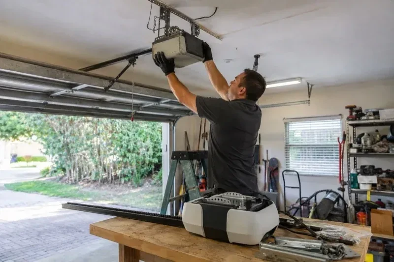 Person holding an overhead garage-door opener beside another opener and hardware on a workbench — Garage Door Opener Replacement, Haldimand County