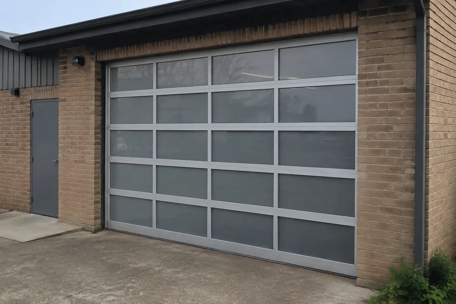 Closed glazed sectional door in a grey metal frame at a brick workshop. — Full-View Glass Garage Door Installation, Haldimand County
