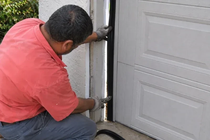 Gloved person holding a black strip along the side of a sectional garage-door opening — Garage Door Perimeter Weatherstrip, Featherstone