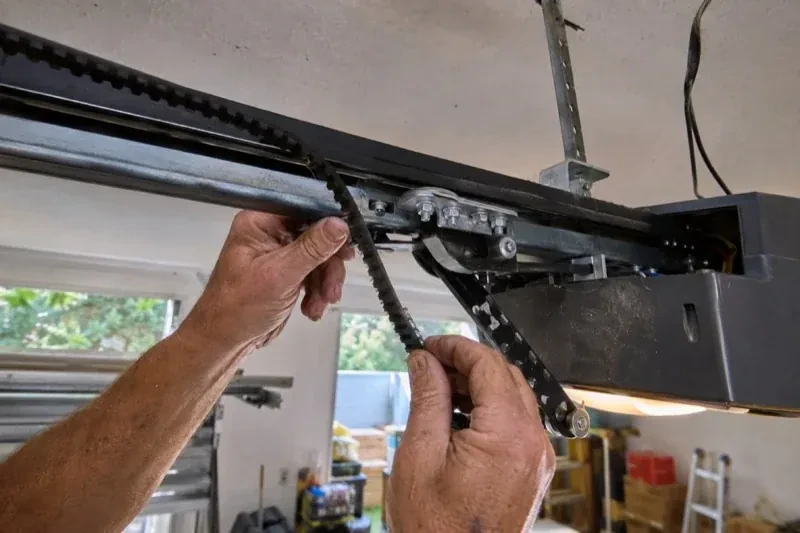 Hands holding a loose toothed belt beside the rail and trolley of an overhead garage-door opener. — Belt-Drive Opener Repair, Haldimand County