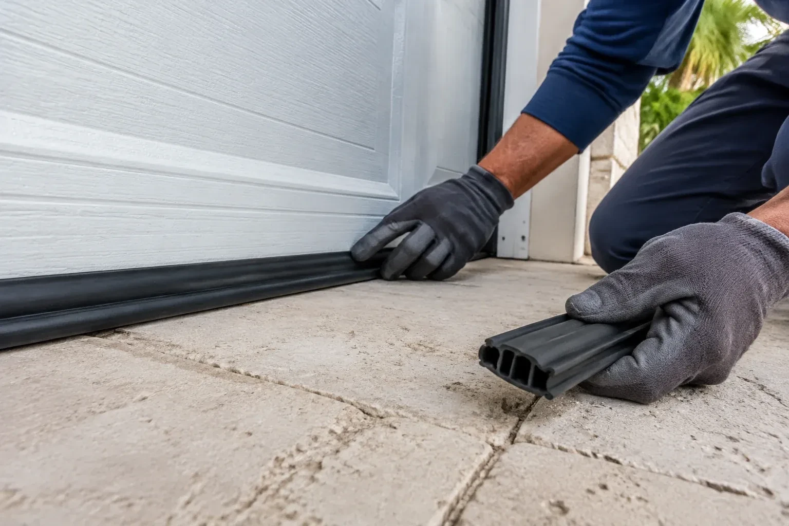 Gloved hands setting a black rubber seal along the base of a white garage door, holding a ribbed strip over paving stones. — Garage Door Bottom Seal Replacement, Featherstone