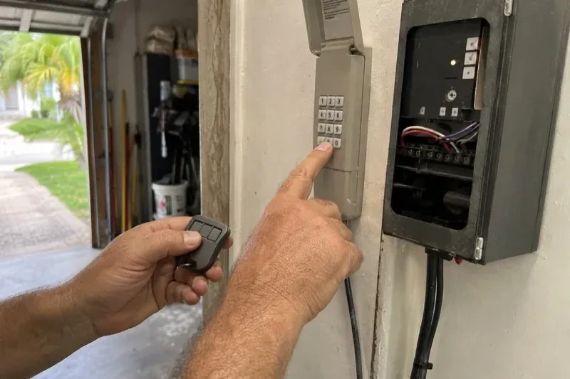 Hands holding a small remote and pressing a wall-mounted keypad beside an open control box with visible wiring. — Garage Door Remote and Keypad Programming, Haldimand County