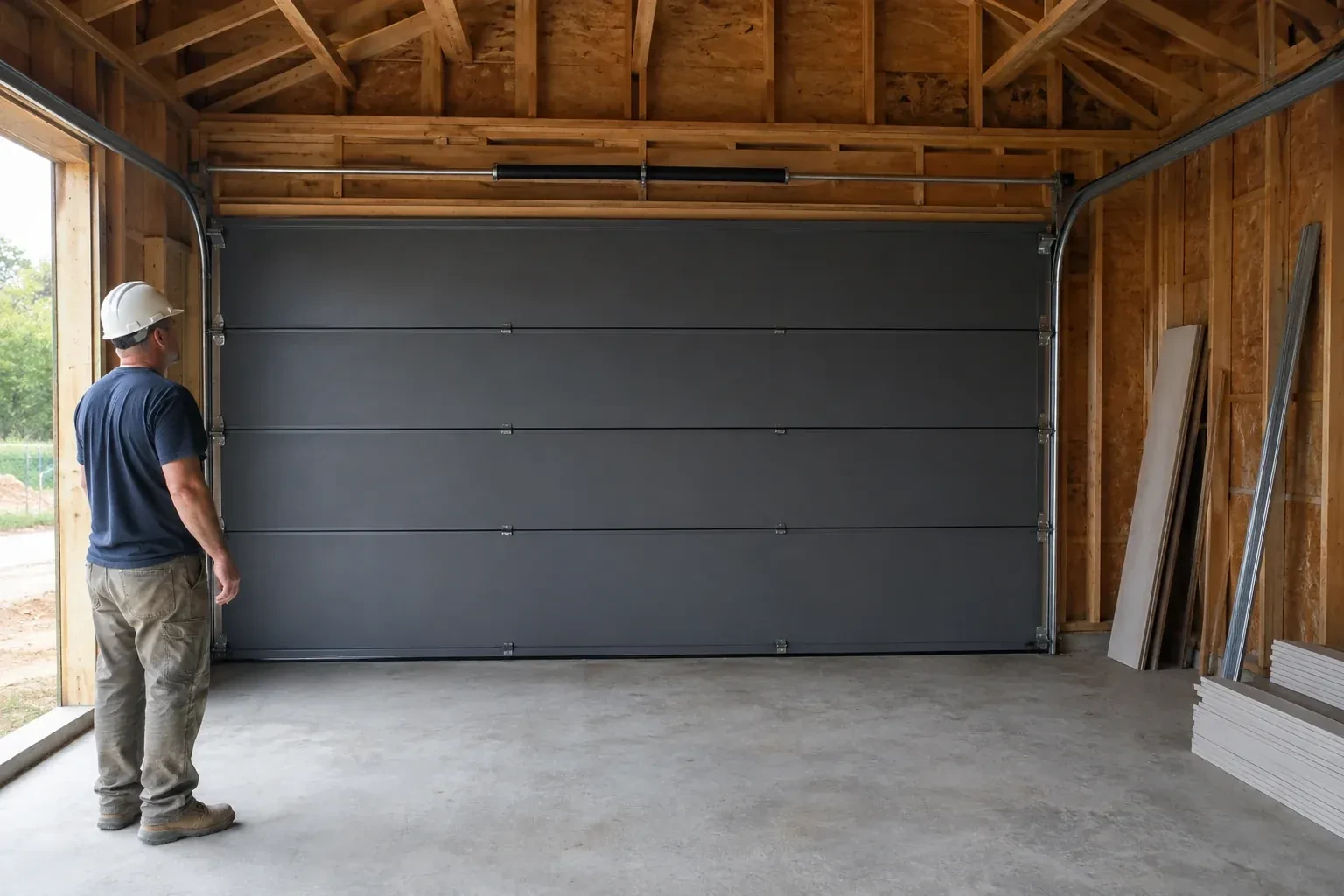 A person wearing a hard hat stands beside a dark sectional door in an unfinished timber-framed garage. — New-Construction Garage Door Installation, Haldimand County