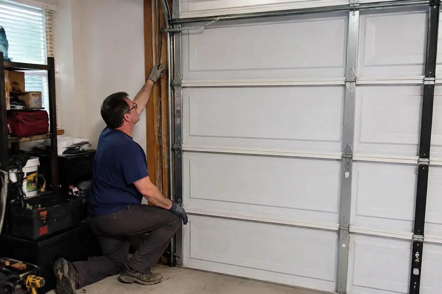 Person kneeling inside a garage reaching up along the vertical track of a white paneled door, with a toolbox and drill nearby. — Garage Door Cable Replacement, Haldimand County