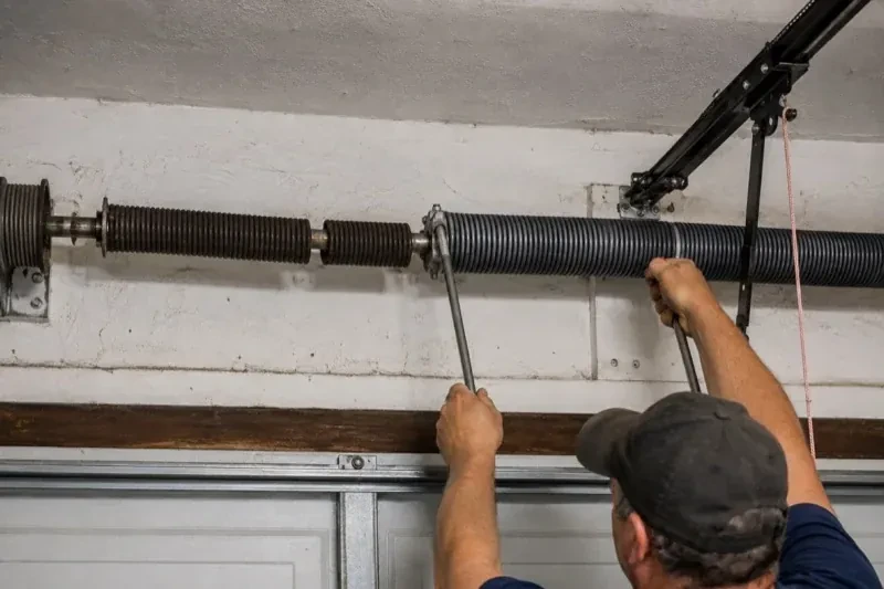 Person holding metal bars beside exposed coiled springs above a garage door. — Torsion Spring Replacement, Haldimand County