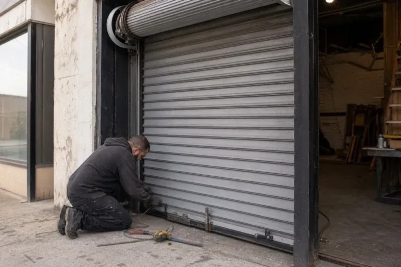 Person kneeling beside the bottom of a metal rolling door with tools on the ground — Commercial Rolling Door Repair, Haldimand County