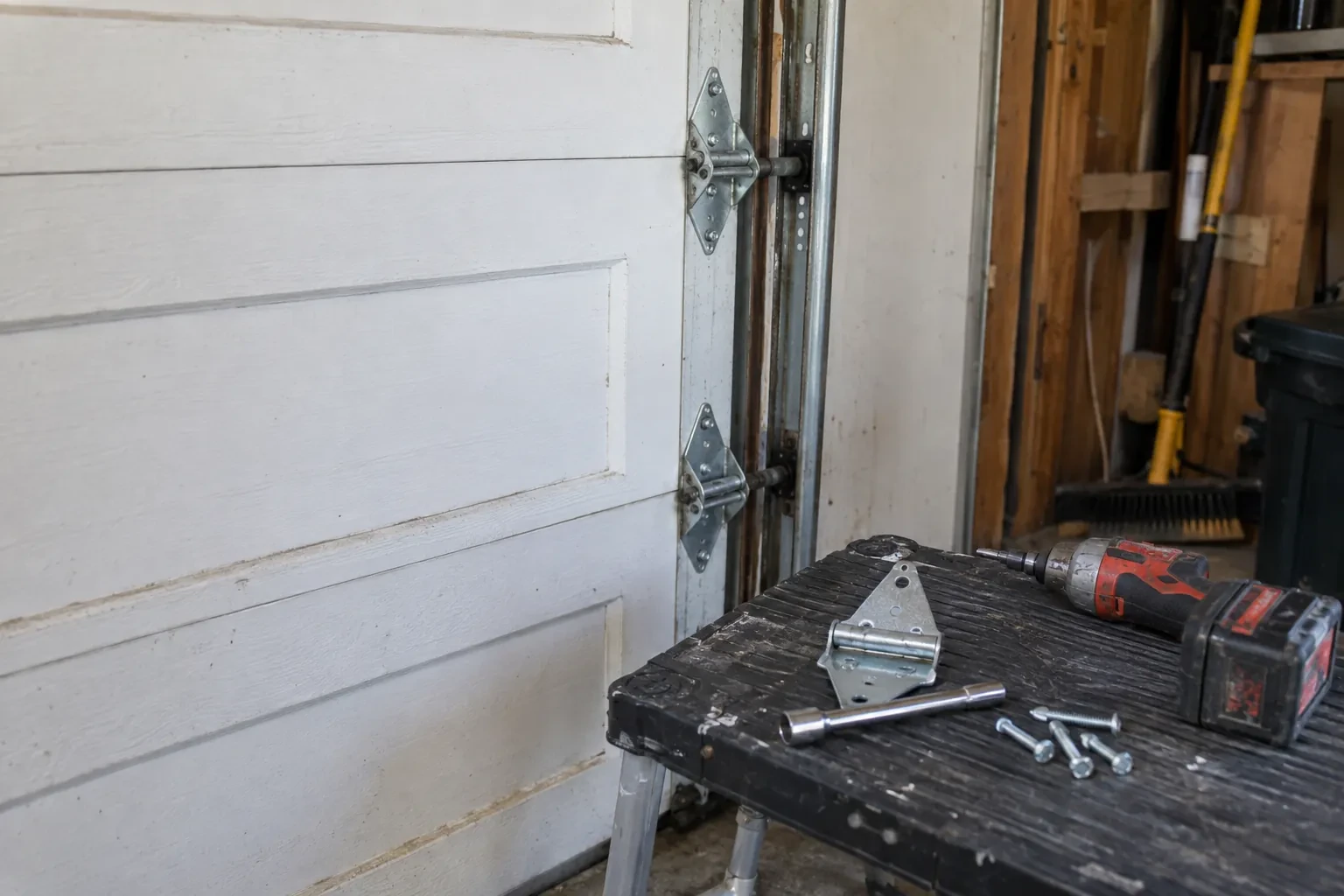 Two metal hinges on the edge of a white paneled door, with a spare hinge, screws and a drill on a bench. — Hagersville