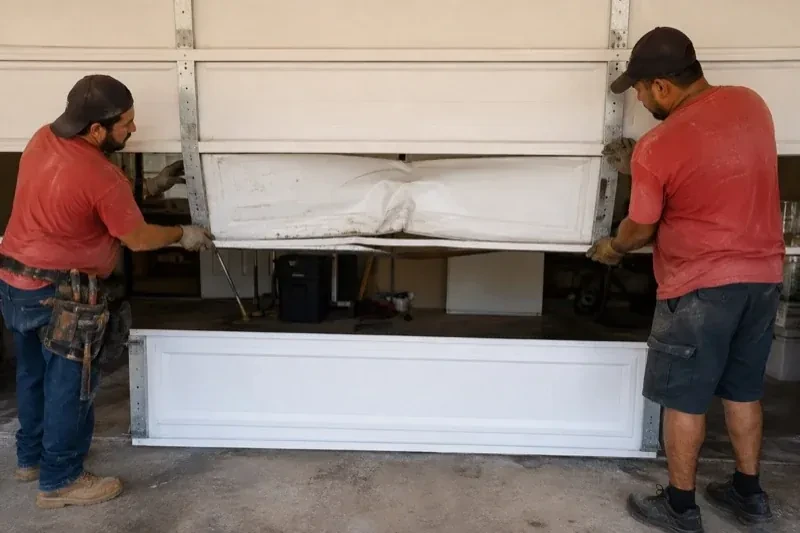 Two people holding a dented lower garage-door section above a separate white panel resting on the ground. — Garage Door Panel Replacement, Featherstone