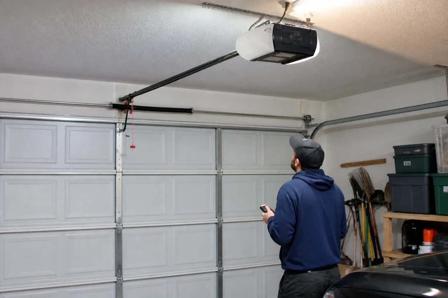 A person holding a remote looks toward an overhead garage-door opener and rail. — Garage Door Opener Diagnosis and Repair, Haldimand County