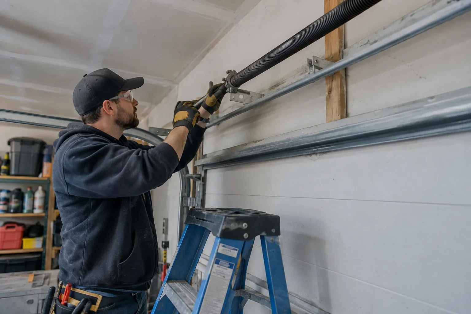 Technician in safety glasses and tan-patched gloves fitting tools to a spring bracket above a gray door, beside a blue stepladder. — Jarvis
