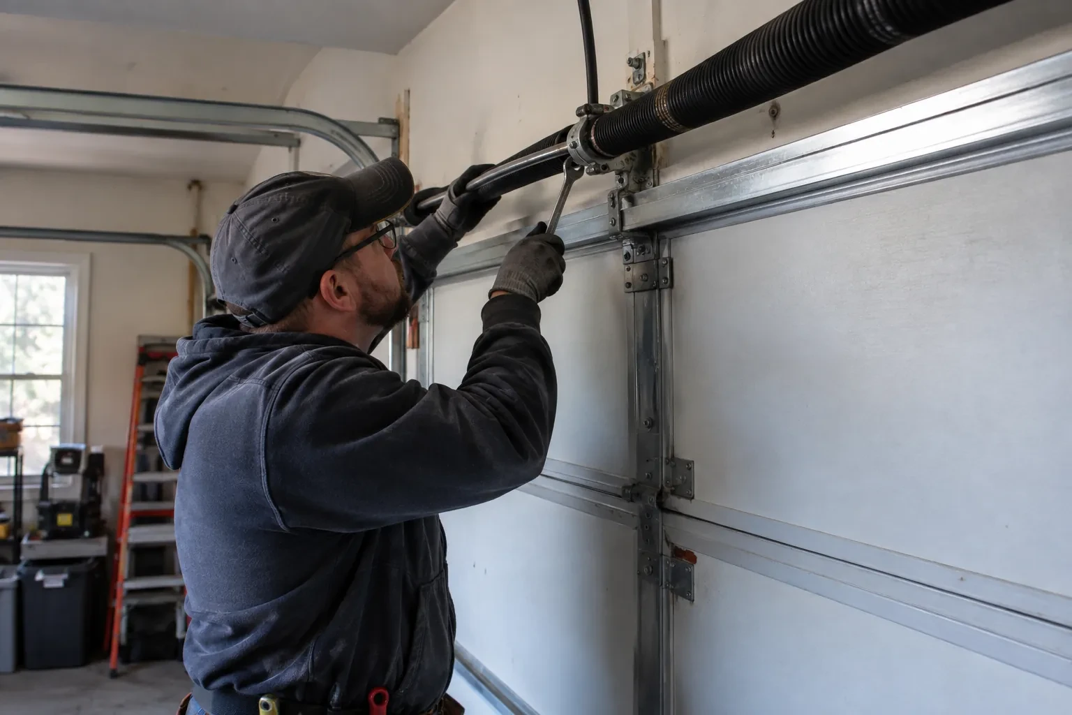 Technician in a gray cap holding a metal bar to the black spring with one hand and a wrench in the other. — Haldimand County