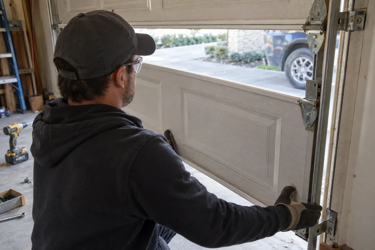 Technician in a cap and safety glasses fitting a paneled garage-door section against the track hinges, with a drill on the floor. — Featherstone