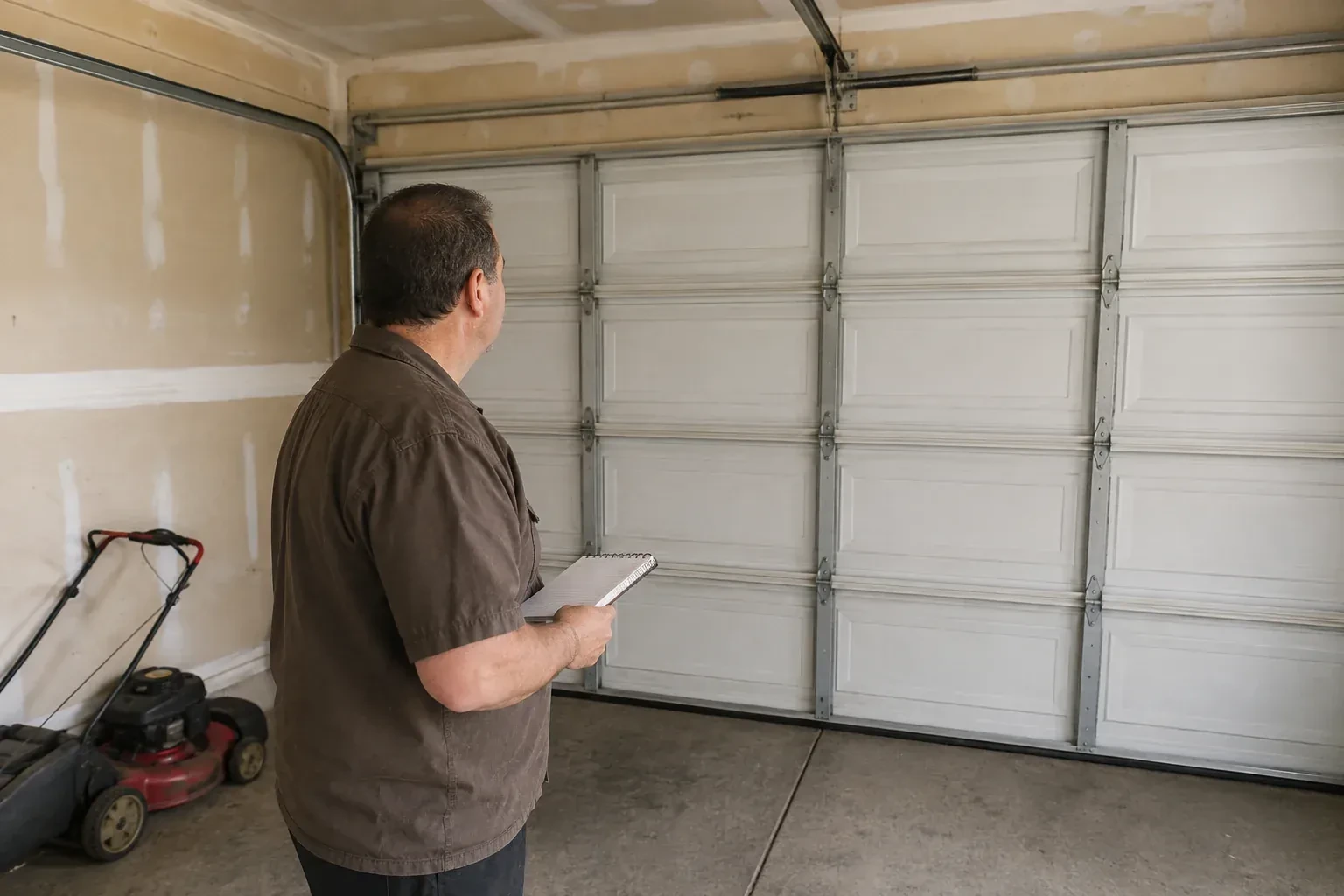 Technician holding a notebook while looking at a closed sectional door. — Garage Door Balance Adjustment, Haldimand County