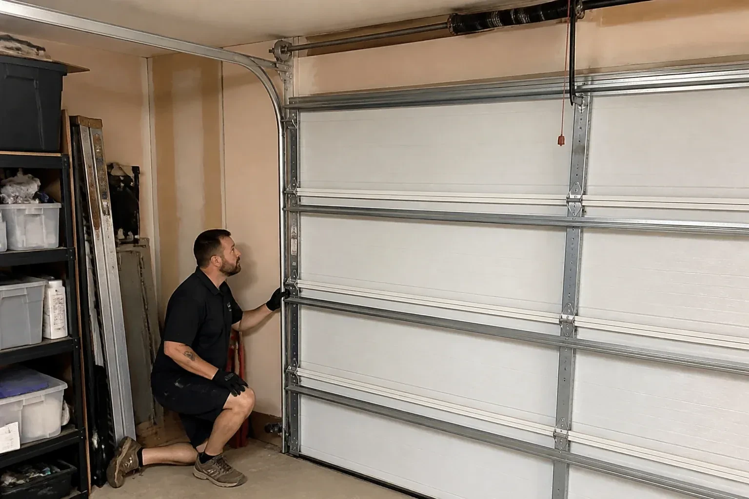 A person examines the vertical side track of a closed garage door. — Garage Door Track Repair or Replacement, Woodlawn Park