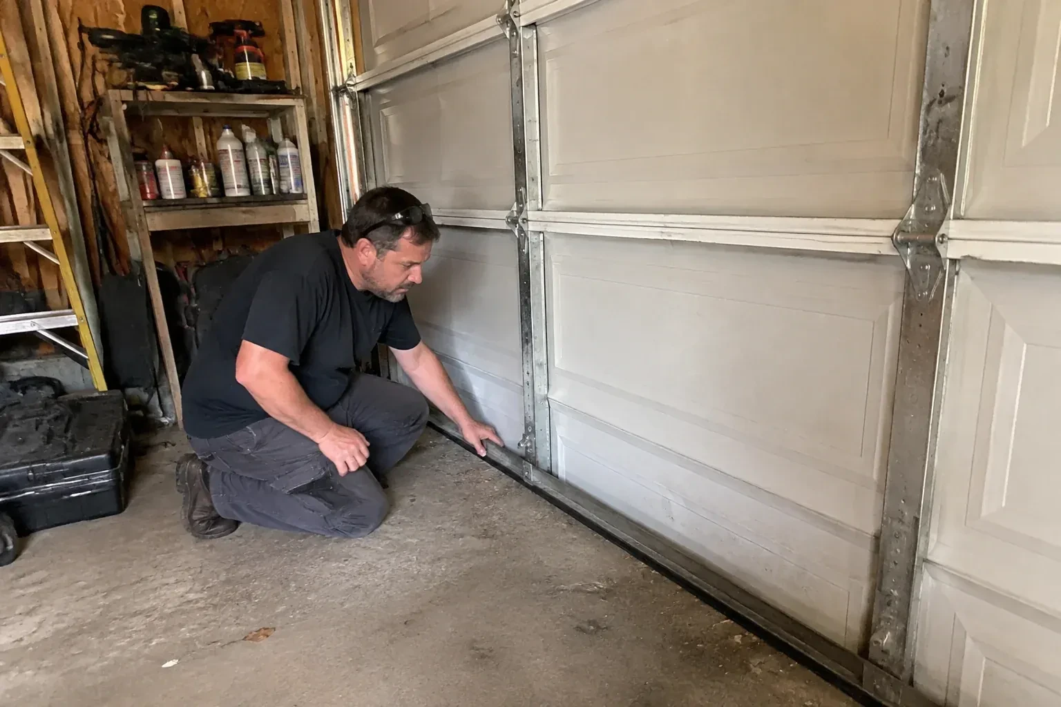 Person kneeling by a white paneled door in a garage, one hand on the black seal along its bottom edge. — Garage Door Roller Replacement, Haldimand County
